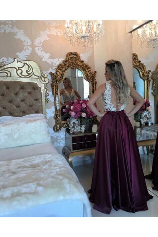 A-Line Straps Sleeveless See Through Back Lace Long Prom Evening Formal Dresses 3020131