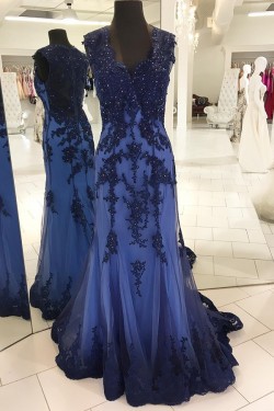 Mermaid Long Blue Beaded Lace Prom Formal Evening Party Dresses 3021313
