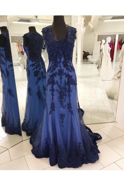 Mermaid Long Blue Beaded Lace Prom Formal Evening Party Dresses 3021313