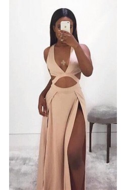 Sexy V-Neck Long Prom Formal Evening Party Dresses with High Slit  3021314