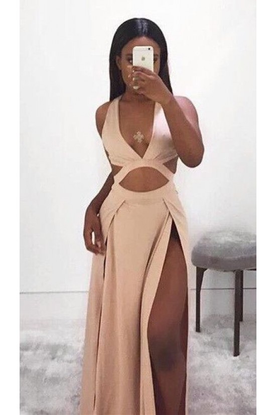 Sexy V-Neck Long Prom Formal Evening Party Dresses with High Slit  3021314