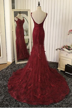 Mermaid Burgundy Lace V-Neck Long Prom Formal Evening Party Dresses 3021319