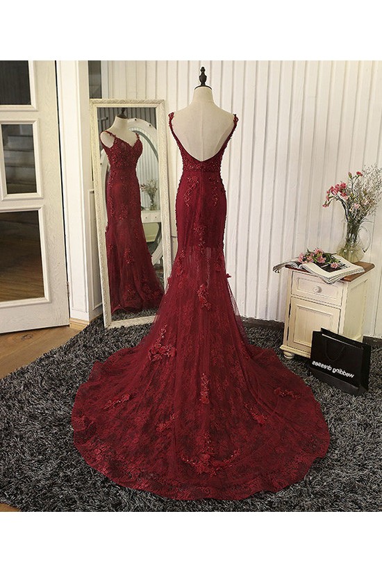 Mermaid Burgundy Lace V-Neck Long Prom Formal Evening Party Dresses 3021319