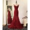 Mermaid Burgundy Lace V-Neck Long Prom Formal Evening Party Dresses 3021319