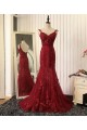 Mermaid Burgundy Lace V-Neck Long Prom Formal Evening Party Dresses 3021319