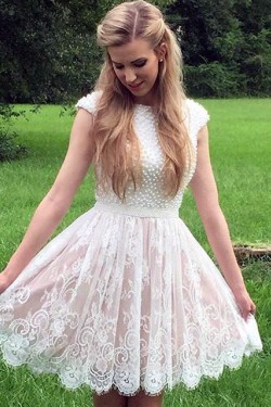 Cap Sleeves Lace Short White Prom Homecoming Cocktail Graduation Dresses 3021320