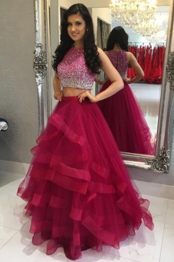 Two Pieces Beaded Tulle Ball Gown Prom Formal Evening Party Dresses 3021321
