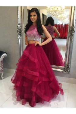Two Pieces Beaded Tulle Ball Gown Prom Formal Evening Party Dresses 3021321