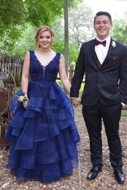 Long Navy Blue Lace V-Neck Prom Formal Evening Party Dresses 3021322