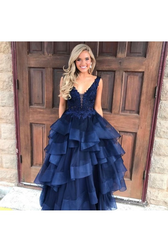 Long Navy Blue Lace V-Neck Prom Formal Evening Party Dresses 3021322