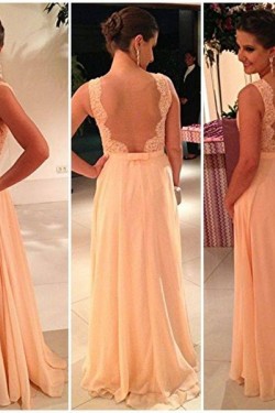 A-Line Chiffon Lace See Through Back Long Prom Evening Formal Dresses 3020133