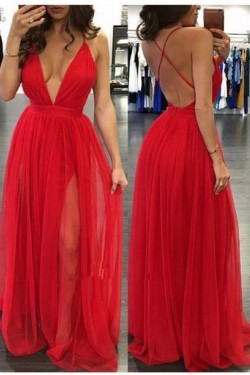 Sexy Deep V-Neck Spaghetti Straps Long Red Prom Formal Evening Party Dresses 3021334