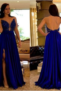 Sexy Long Blue Beaded Lace Prom Formal Evening Party Dresses 3021336