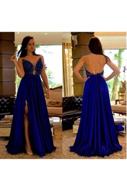 Sexy Long Blue Beaded Lace Prom Formal Evening Party Dresses 3021336