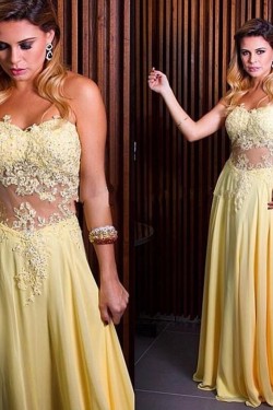 Long Yellow Lace Appliques and Chiffon Prom Formal Evening Party Dresses 3021337