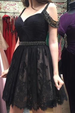 Beaded Short Black Lace Prom Homecoming Cocktail Graduation Dresses 3021339
