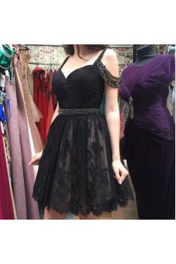 Beaded Short Black Lace Prom Homecoming Cocktail Graduation Dresses 3021339