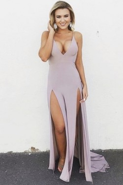 Sexy V-Neck Spaghetti Straps Prom Formal Evening Party Dresses with Slits 3021340
