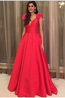 A-Line Long Red V-Neck Prom Formal Evening Party Dresses 3021341