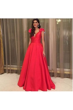 A-Line Long Red V-Neck Prom Formal Evening Party Dresses 3021341