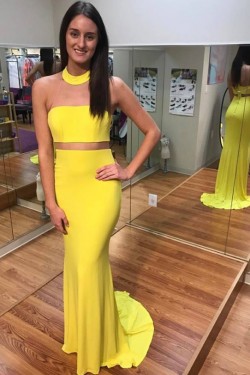 Long Yellow Mermaid Two Pieces Prom Formal Evening Party Dresses 3021348