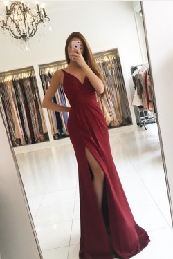 Burgundy Long V-Neck Prom Formal Evening Party Dresses with Slit 3021349