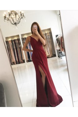 Burgundy Long V-Neck Prom Formal Evening Party Dresses with Slit 3021349