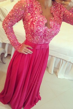 Long Sleeves Beaded Lace Chiffon Long Prom Evening Formal Dresses 3020135