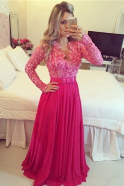 Long Sleeves Beaded Lace Chiffon Long Prom Evening Formal Dresses 3020135