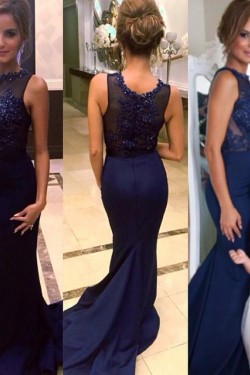 Navy Blue Mermaid Lace Appliques Top Long Prom Evening Formal Dresses 3020136