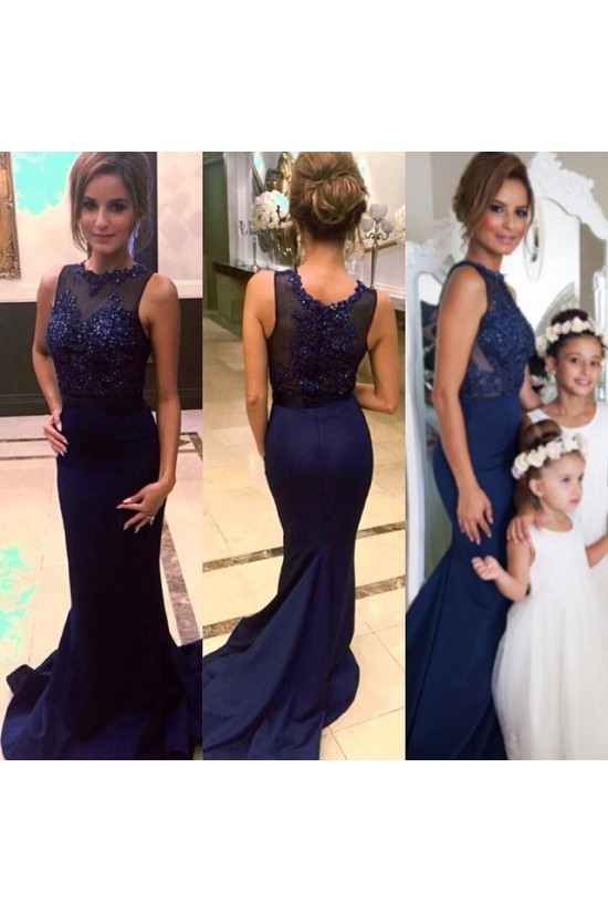 Navy Blue Mermaid Lace Appliques Top Long Prom Evening Formal Dresses 3020136