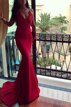 Long Red Mermaid V-Neck Lace Prom Formal Evening Party Dresses 3021360