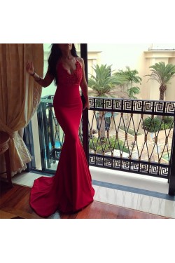 Long Red Mermaid V-Neck Lace Prom Formal Evening Party Dresses 3021360