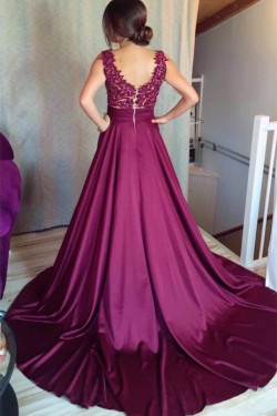 Long Purple Lace V-Neck Prom Formal Evening Party Dresses 3021362