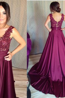 Long Purple Lace V-Neck Prom Formal Evening Party Dresses 3021362