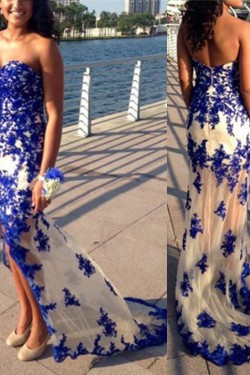 Long Blue Sweetheart Lace Appliques Prom Formal Evening Party Dresses 3021367