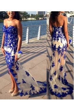 Long Blue Sweetheart Lace Appliques Prom Formal Evening Party Dresses 3021367