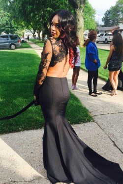 Black Two Pieces Long Sleeves Lace Top Long Prom Evening Formal Dresses 3020137