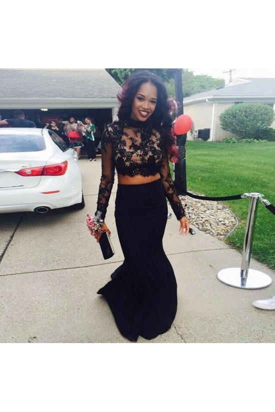 Black Two Pieces Long Sleeves Lace Top Long Prom Evening Formal Dresses 3020137