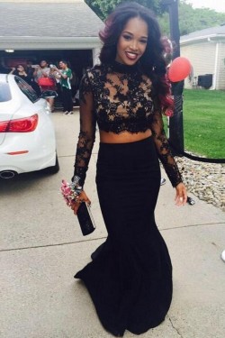 Black Two Pieces Long Sleeves Lace Top Long Prom Evening Formal Dresses 3020137