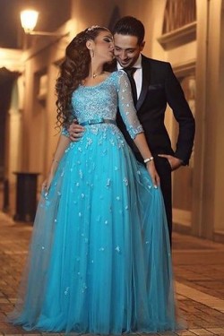 Long Blue 3/4 Length Sleeves Lace Prom Formal Evening Party Dresses 3021371
