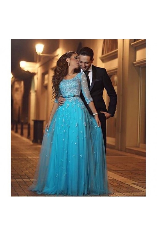 Long Blue 3/4 Length Sleeves Lace Prom Formal Evening Party Dresses 3021371 Long Blue 3/4 Length Sleeves Lace Prom Formal Evening Party Dresses 3021371