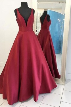 A-Line Burgundy V-Neck Long Prom Formal Evening Party Dresses 3021375