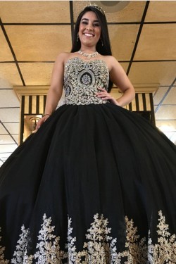Ball Gown Black Lace Appliques Long Prom Formal Evening Party Dresses 3021376