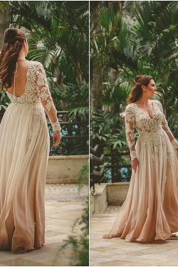 Long Sleeves Lace V-Neck Prom Formal Evening Party Dresses 3021379