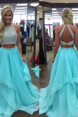 Beaded Two Pieces Long Blue Prom Formal Evening Party Dresses 3021381