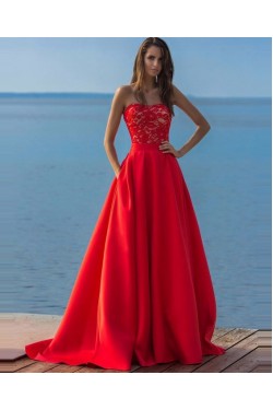 Long Red Lace Strapless Prom Formal Evening Party Dresses 3021384