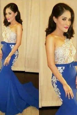 Long Blue Mermaid One-Shoulder Lace Prom Formal Evening Party Dresses 3021388