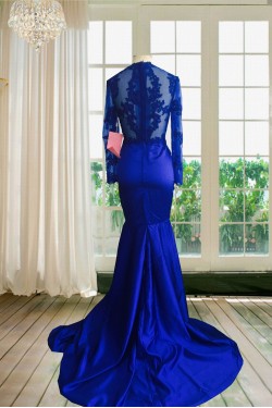Royal Blue Long Sleeves Mermaid Evening Gowns Sexy Court Train Lace Party Dresses 3020139