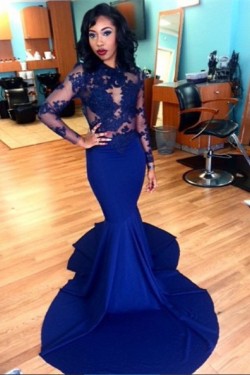 Royal Blue Long Sleeves Mermaid Evening Gowns Sexy Court Train Lace Party Dresses 3020139